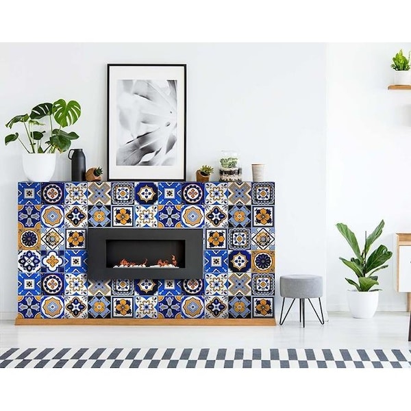 Homeroots 5 x 5 in. Shades of Blue & Yellow Mosaic Peel & Stick Removable Tiles - 400433