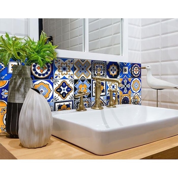 Homeroots 5 x 5 in. Shades of Blue & Yellow Mosaic Peel & Stick Removable Tiles - 400433