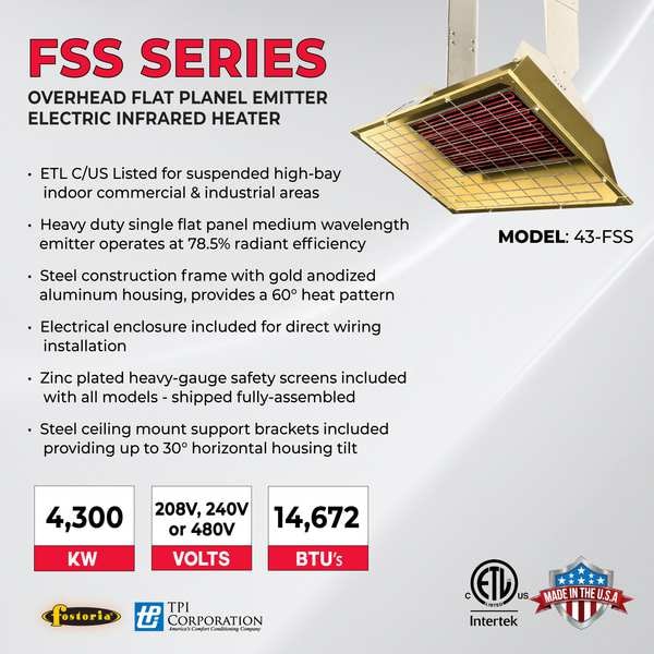 Fostoria Infrared Overhead Electric Heater, 1, 3 Phase, Aluminum, 480V AC - P43-FSS-3