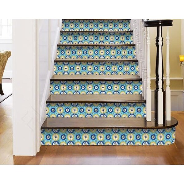 Homeroots 7 x 7 in. Aqua Floral Yellow Peel & Stick Removable Tiles - 400038