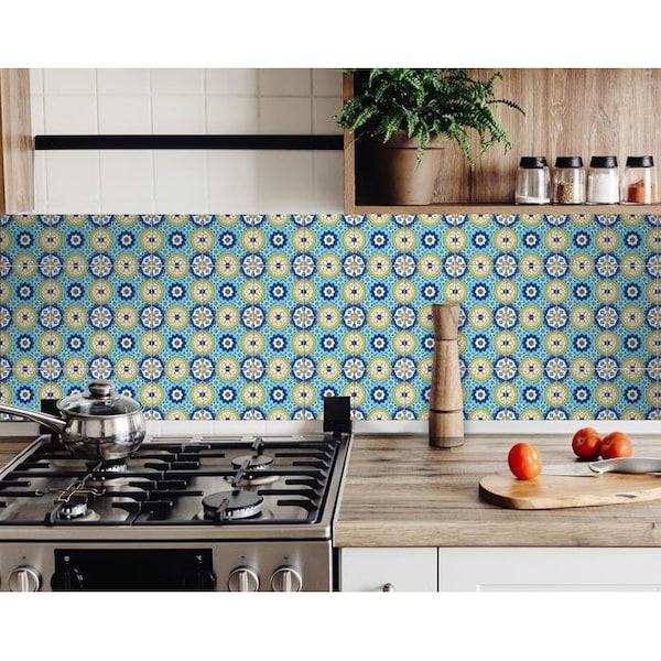 Homeroots 7 x 7 in. Aqua Floral Yellow Peel & Stick Removable Tiles - 400038
