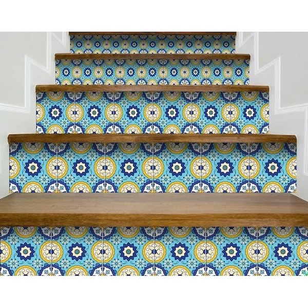 Homeroots 7 x 7 in. Aqua Floral Yellow Peel & Stick Removable Tiles - 400038