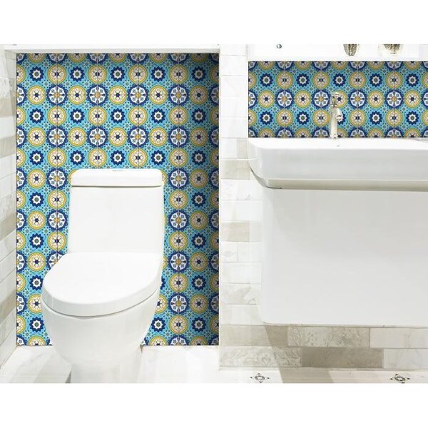 Homeroots 7 x 7 in. Aqua Floral Yellow Peel & Stick Removable Tiles - 400038