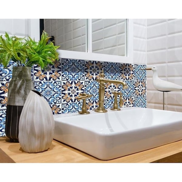 Homeroots 4 x 4 in. Blue White Golden Peel & Stick Tiles - 400171