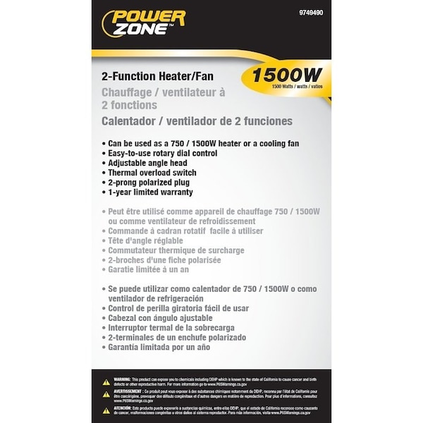 Powerzone 2-Function Heater/Fan, 12.5 A, 120 V, 750/1500 W, 1500 W Heating, Black - SFH-181T