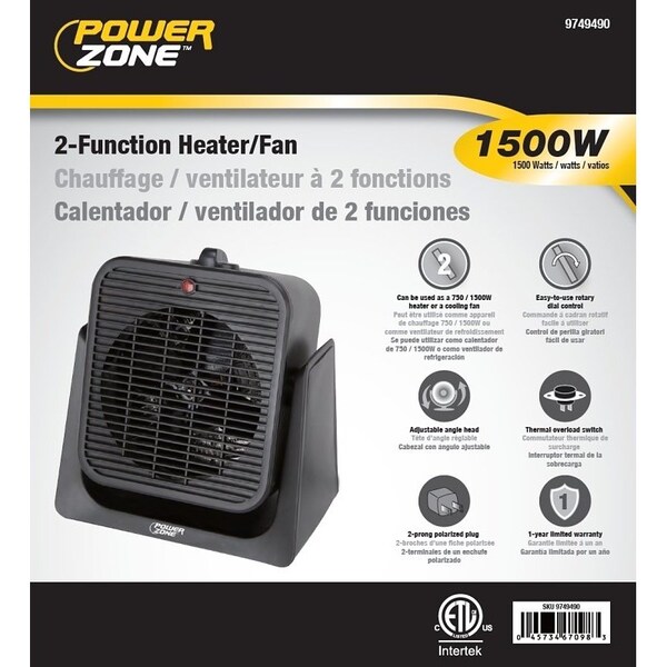 Powerzone 2-Function Heater/Fan, 12.5 A, 120 V, 750/1500 W, 1500 W Heating, Black - SFH-181T