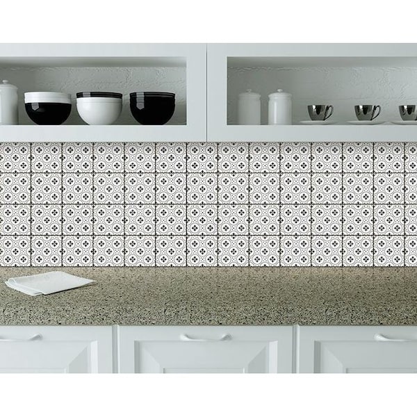 Homeroots 5 x 5 in. Black & White Rosa Peel & Stick Removable Tiles - 399956