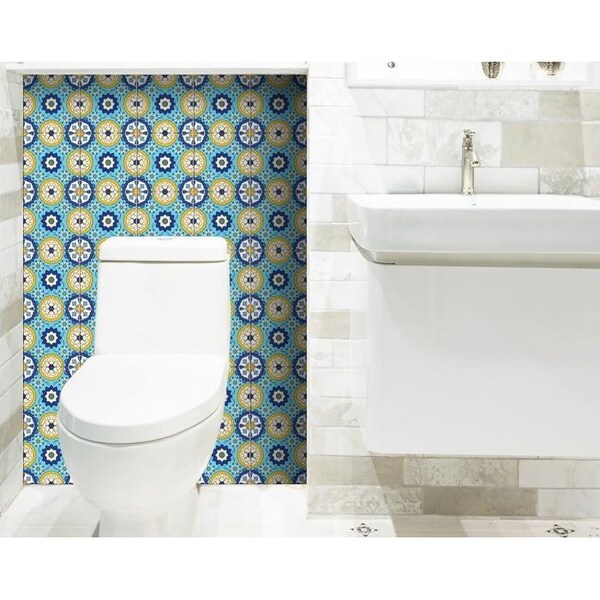 Homeroots 6 x 6 in. Aqua Floral Yellow Peel & Stick Removable Tiles - 400037