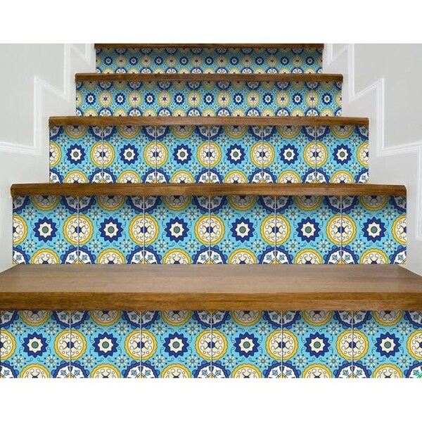 Homeroots 6 x 6 in. Aqua Floral Yellow Peel & Stick Removable Tiles - 400037