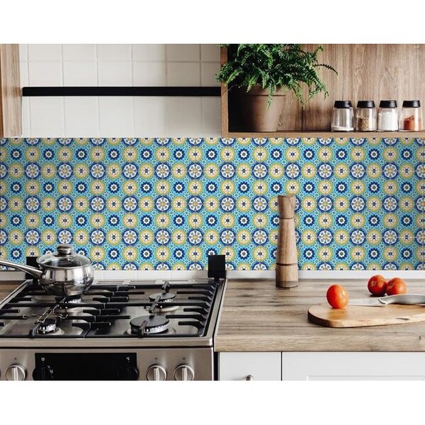 Homeroots 6 x 6 in. Aqua Floral Yellow Peel & Stick Removable Tiles - 400037