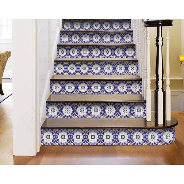 Homeroots 7 x 7 in. Blue, White & Gold Mosaic Removable Tiles - 399833