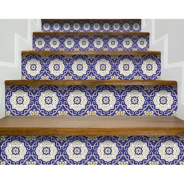 Homeroots 7 x 7 in. Blue, White & Gold Mosaic Removable Tiles - 399833