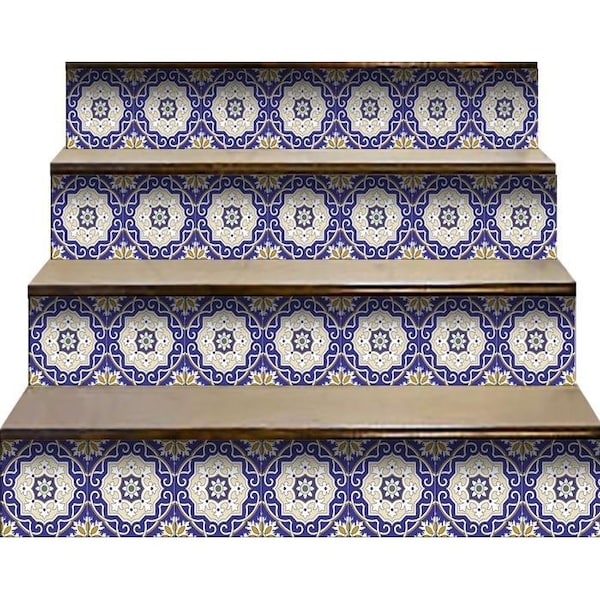 Homeroots 7 x 7 in. Blue, White & Gold Mosaic Removable Tiles - 399833