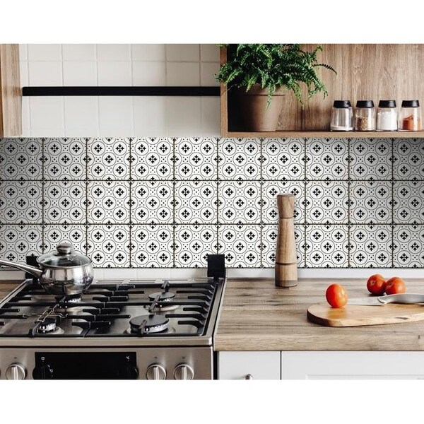 Homeroots 7 x 7 in. Black & White Rosa Peel & Stick Removable Tiles - 399958