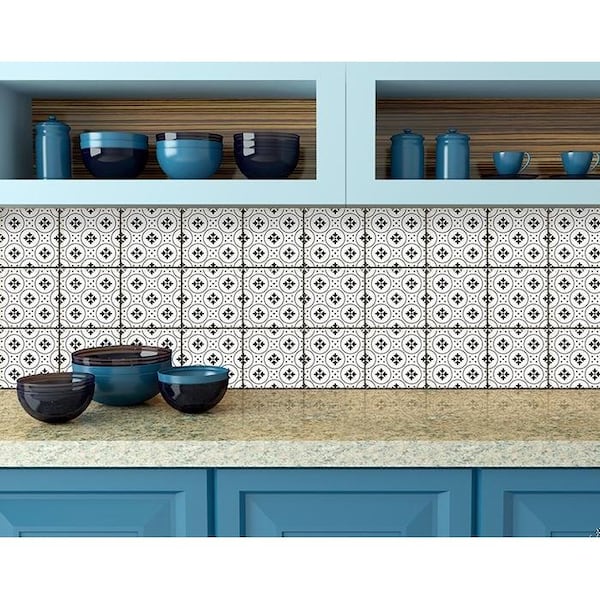 Homeroots 7 x 7 in. Black & White Rosa Peel & Stick Removable Tiles - 399958
