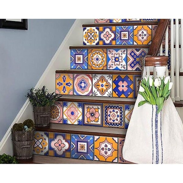 Homeroots 5 x 5 in. Blue Gold & Blush Mosaic Peel & Stick Removable Tiles - 400455