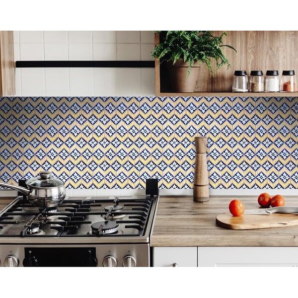 Homeroots 8 x 8 in. Blue Yellow Zig Peel & Stick Tiles - 400189