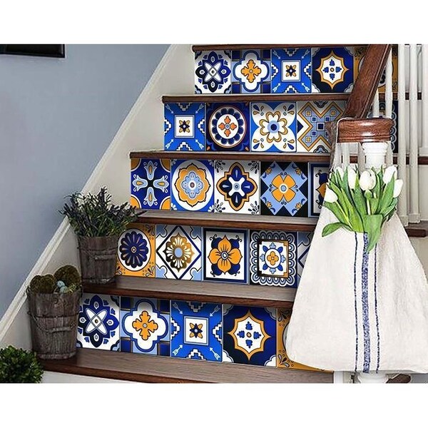 Homeroots 7 x 7 in. Shades of Blue & Yellow Mosaic Peel & Stick Removable Tiles - 400434