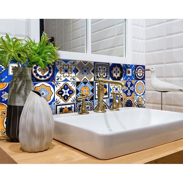 Homeroots 7 x 7 in. Shades of Blue & Yellow Mosaic Peel & Stick Removable Tiles - 400434