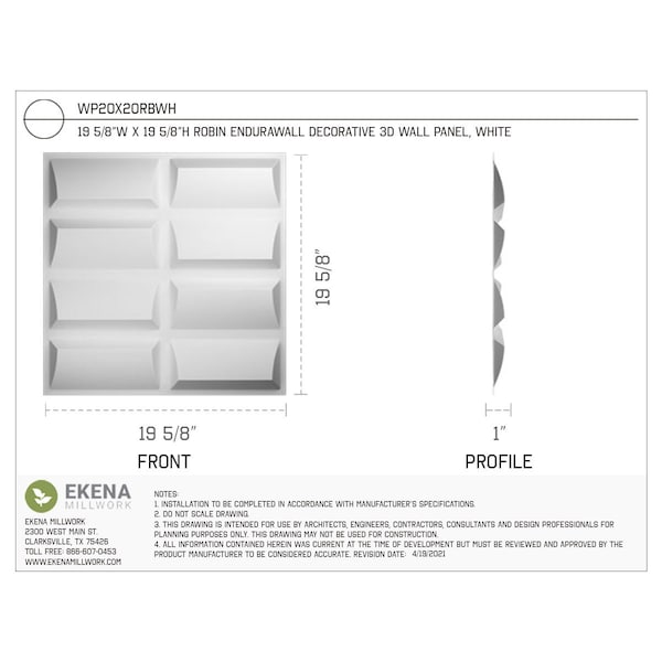 Ekena Millwork 19 5/8in. W x 19 5/8in. H Robin EnduraWall Decorative 3D Wall Panel Covers Total 53.49 Sq. Ft., 20PK - WP20X20RBWH-CASE-20