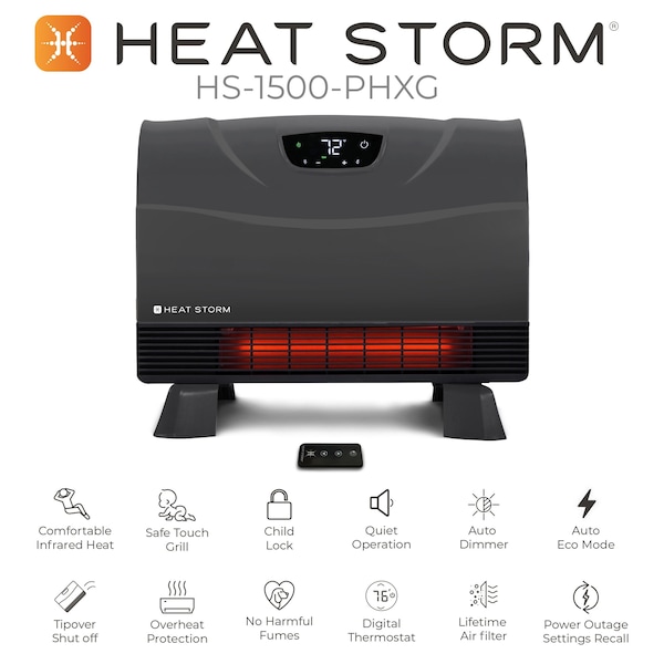 Heat Storm Infrared Space Heater, Floor or Wall Mount, Digital Display, Adjustable Thermostat, 1500W, 120V, Gray - HS-1500-PHXG