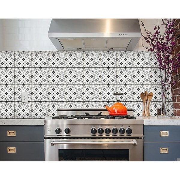 Homeroots 8 x 8 in. Black & White Rosa Peel & Stick Removable Tiles - 399959