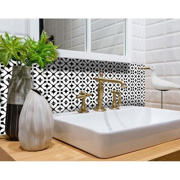 Homeroots 4 x 4 in. Black & White Pinna Peel & Stick Removable Tiles - 399985