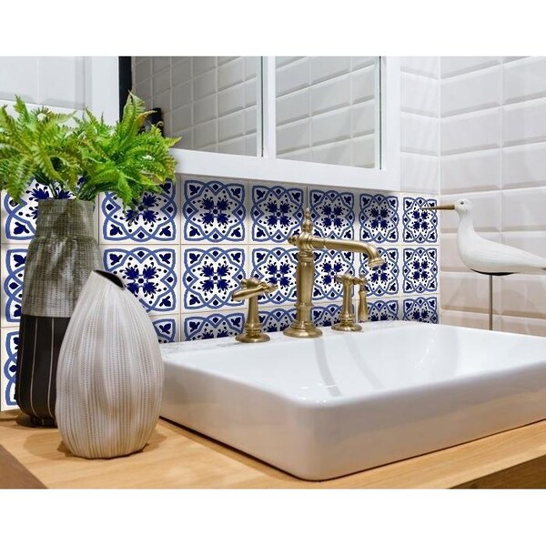 Homeroots 8 x 8 in. Blue & White Mosaic Peel & Stick Removable Tiles - 399829