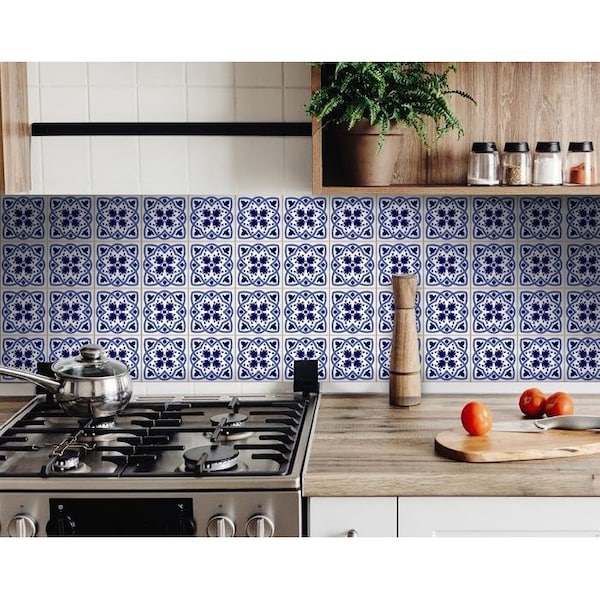 Homeroots 8 x 8 in. Blue & White Mosaic Peel & Stick Removable Tiles - 399829