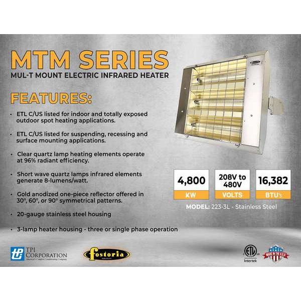 Fostoria Infrared Quartz Electric Heater, 1, 3 Phase, Stainless Steel, 240V AC - H-30-223-THSS