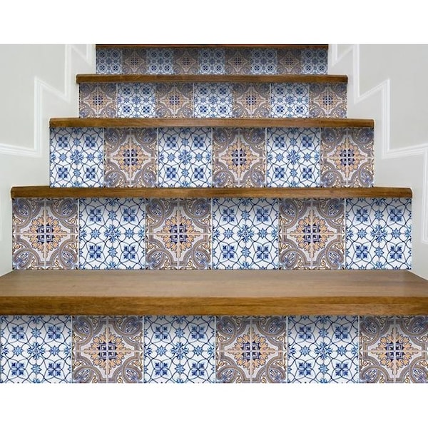Homeroots 7 x 7 in. Blue & Muted Taupe Peel & Stick Tiles - 400153