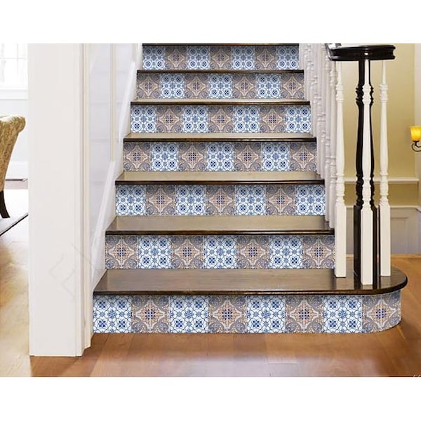 Homeroots 7 x 7 in. Blue & Muted Taupe Peel & Stick Tiles - 400153