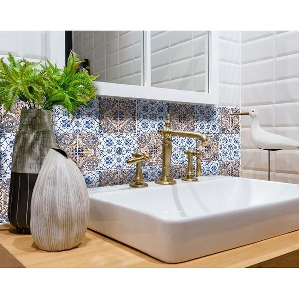 Homeroots 7 x 7 in. Blue & Muted Taupe Peel & Stick Tiles - 400153
