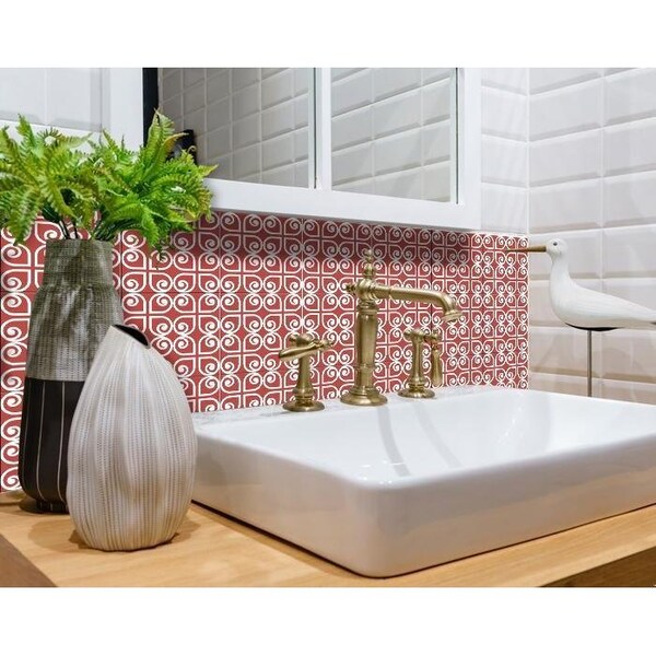 Homeroots 8 x 8 in. Brick Red & White Scroll Peel & Stick Removable Tiles - 400424
