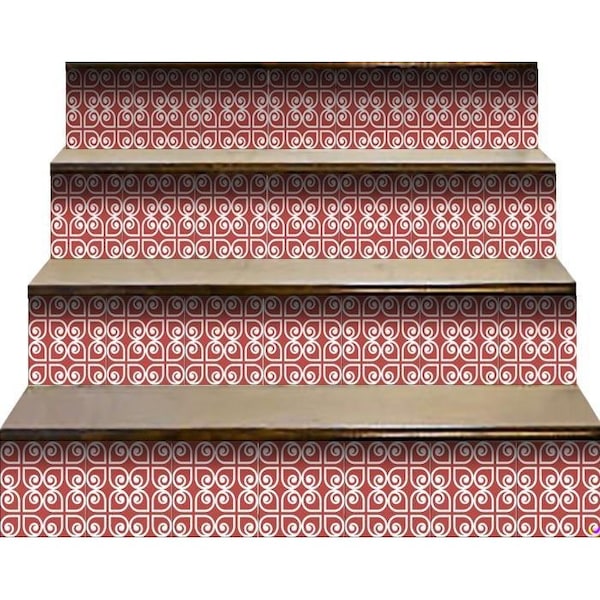 Homeroots 8 x 8 in. Brick Red & White Scroll Peel & Stick Removable Tiles - 400424