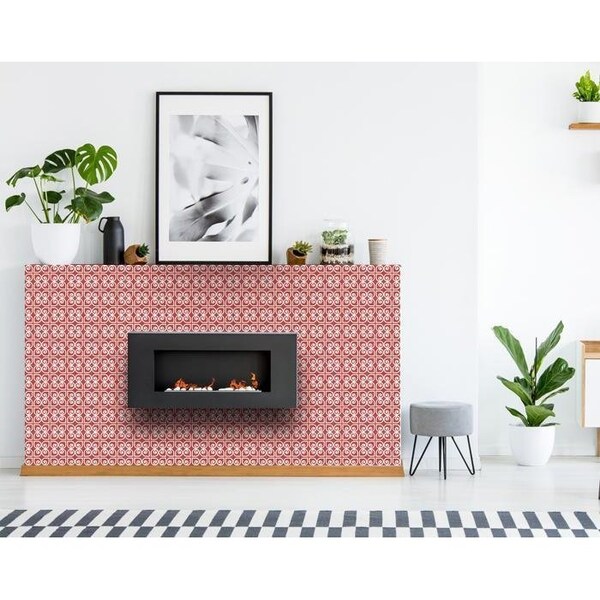 Homeroots 8 x 8 in. Brick Red & White Scroll Peel & Stick Removable Tiles - 400424