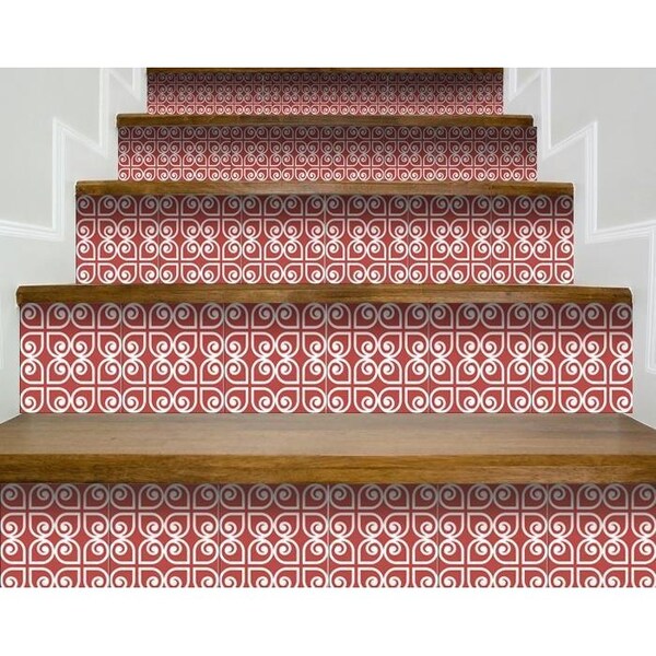 Homeroots 8 x 8 in. Brick Red & White Scroll Peel & Stick Removable Tiles - 400424