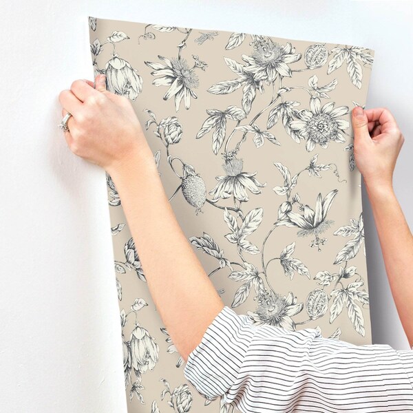 York Wallcoverings Passion Flower Toile Beige Wallpaper - RT7854