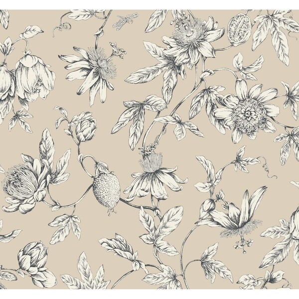 York Wallcoverings Passion Flower Toile Beige Wallpaper - RT7854