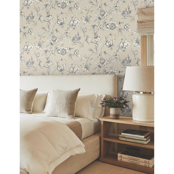 York Wallcoverings Passion Flower Toile Beige Wallpaper - RT7854