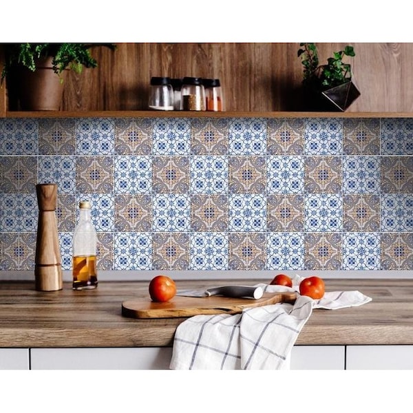 Homeroots 6 x 6 in. Blue & Muted Taupe Peel & Stick Tiles - 400152