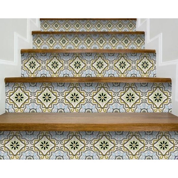 Homeroots 8 x 8 in. Taupe & Blue Scroll Peel & Stick Tiles - 400049