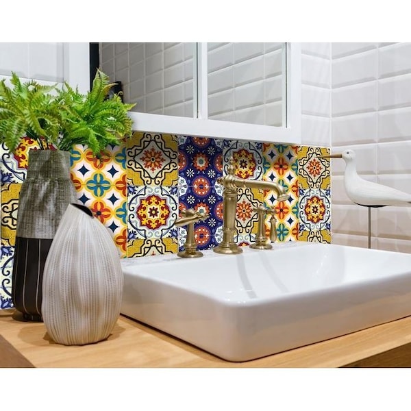 Homeroots 4 x 4 in. Blue & Yellow Mosaic Peel & Stick Removable Tiles - 400060
