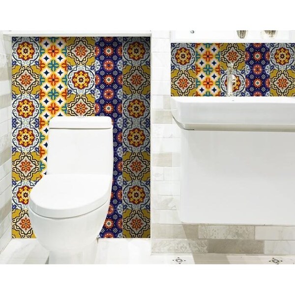 Homeroots 4 x 4 in. Blue & Yellow Mosaic Peel & Stick Removable Tiles - 400060