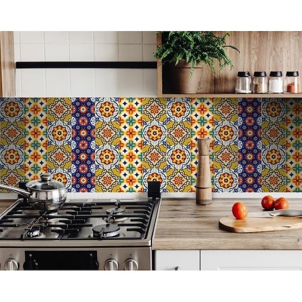 Homeroots 4 x 4 in. Blue & Yellow Mosaic Peel & Stick Removable Tiles - 400060