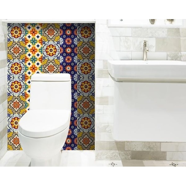 Homeroots 4 x 4 in. Blue & Yellow Mosaic Peel & Stick Removable Tiles - 400060