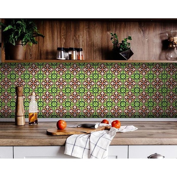 Homeroots 6 x 6 in. Green Leva Removable Peel & Stick Tiles - 400297