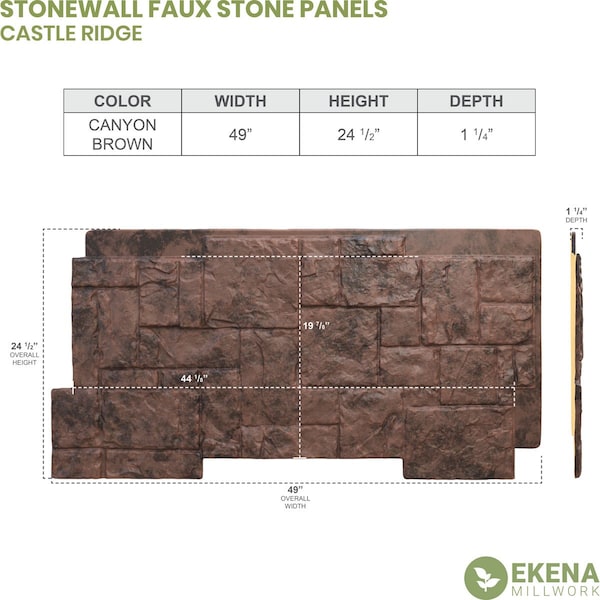 Ekena Millwork 49"W x 24 1/2"H x 1 1/4"D Castle Rock Stacked Stone, StoneWall Faux Stone Siding Panel, Canyon Brown - PNU24X48CRCB