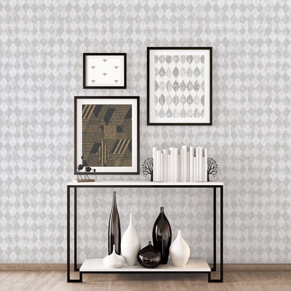 Manhattan Comfort Nottingham, Vinyl Harlequin In White And Silver Wallpaper, 205 In X 33 Ft = 56 Sq Ft - NOTTINGHAM