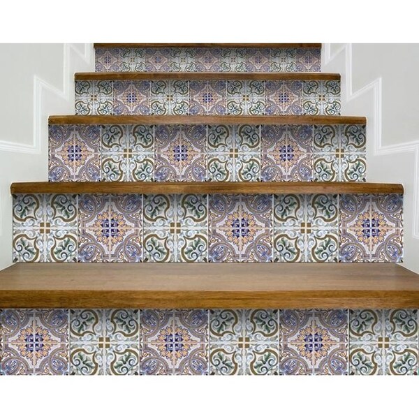 Homeroots 6 x 6 in. Muted Pastel Scroll Green Peel & Stick Tiles - 400102